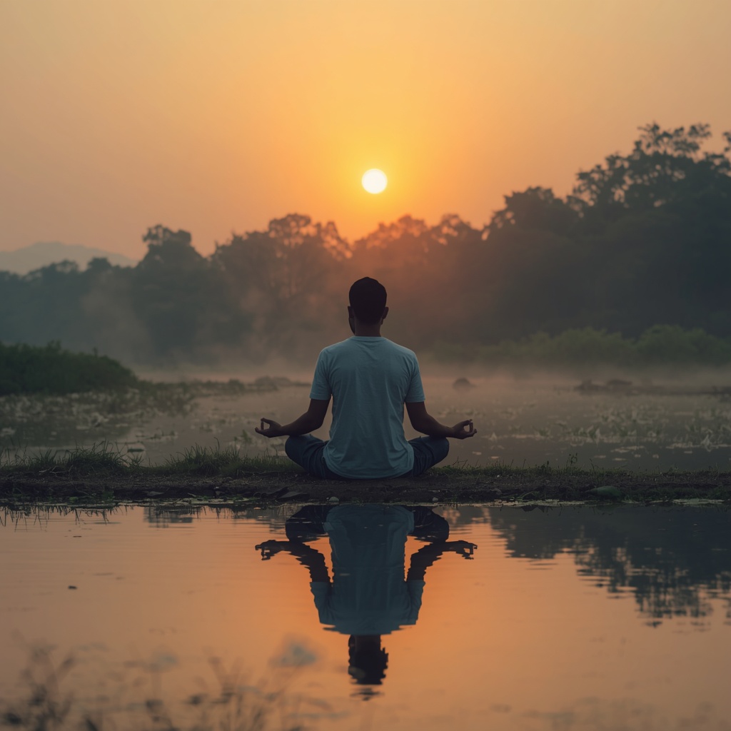 Peaceful man meditating in nature at sunrise with calm water reflection, digital art, serene atmosphere
