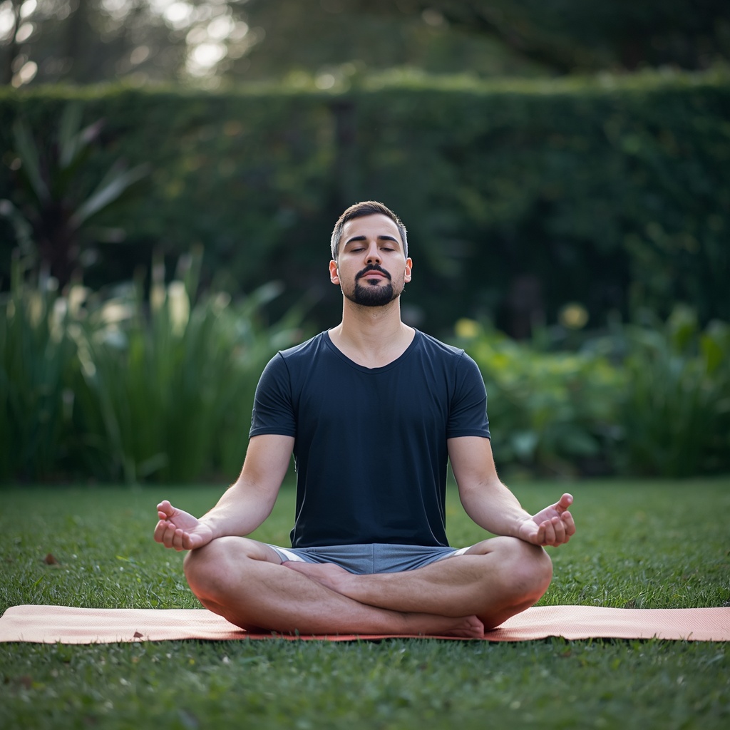Outdoor mindfulness practice session with a man sitting on a yoga mat in a garden, breathing exercises, peaceful morning
